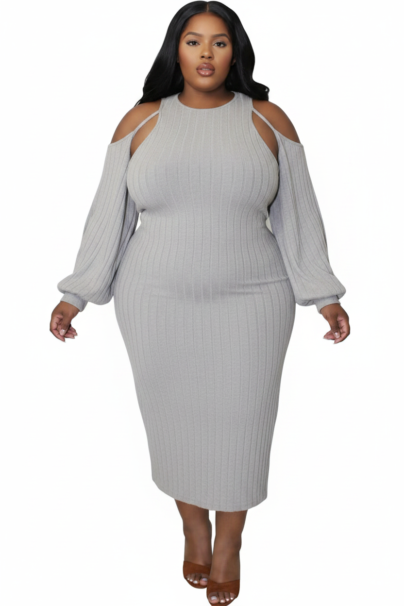 Light Grey Ribbed Knit Midi Dress