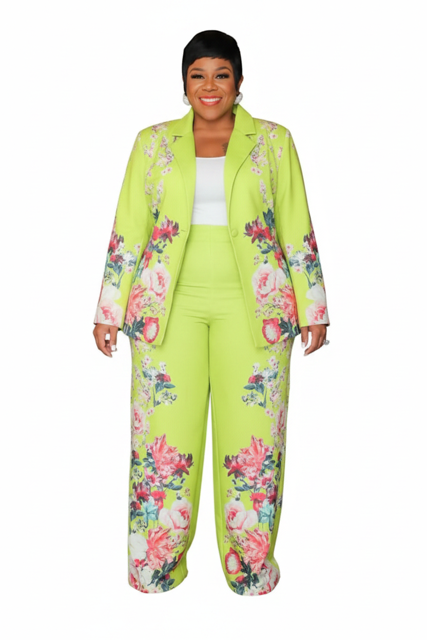 Lime Green Floral 2-Piece Blazer Set