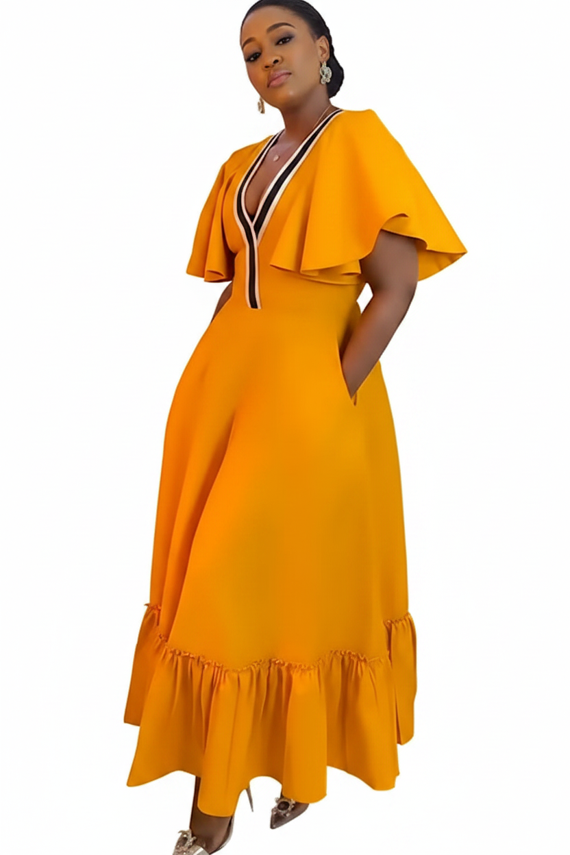Mustard Yellow Flutter Sleeve Maxi Dress