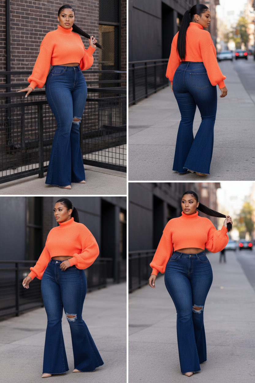 Orange Crop Sweater & Bell Bottom Jeans Set