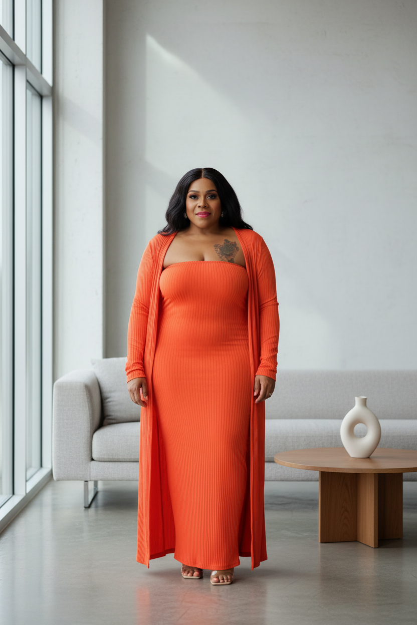 Orange Ribbed Tube Dress & Cardigan Set