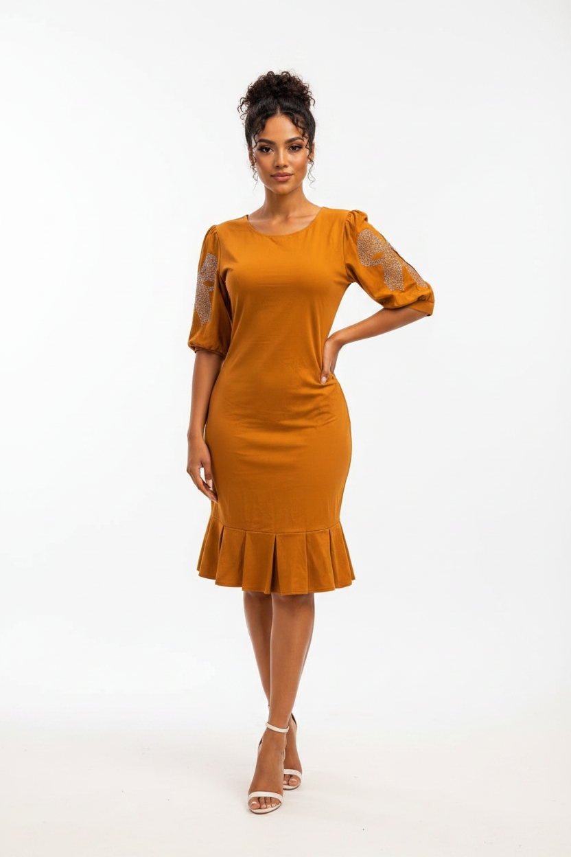 Rhinestone Puff Sleeve Dress - Mustard