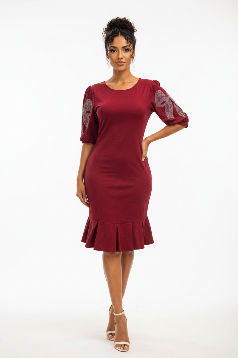 Rhinestone Puff Sleeve Dress - Red