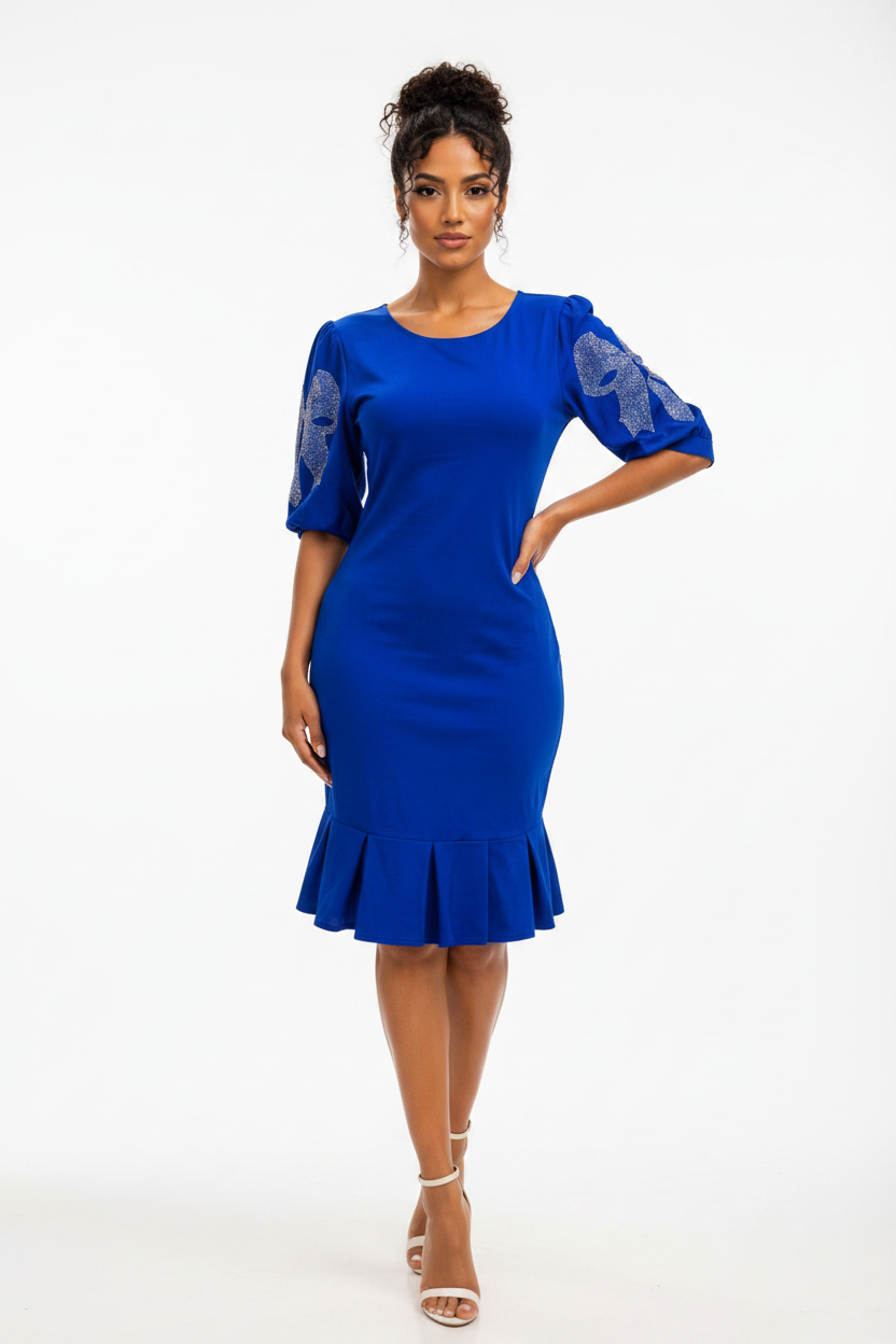 Rhinestone Puff Sleeve Dress - Royal Blue