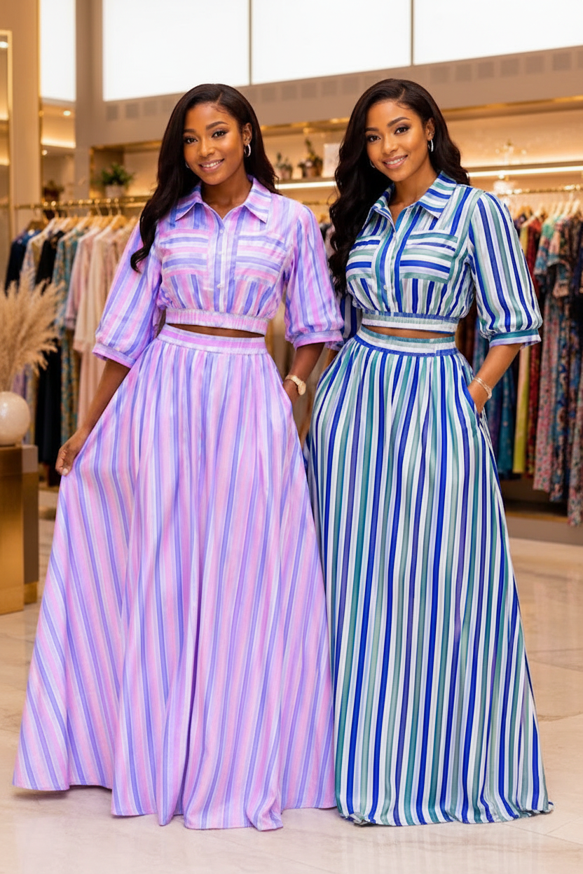 Striped Crop Top & Maxi Skirt Two-Piece Set