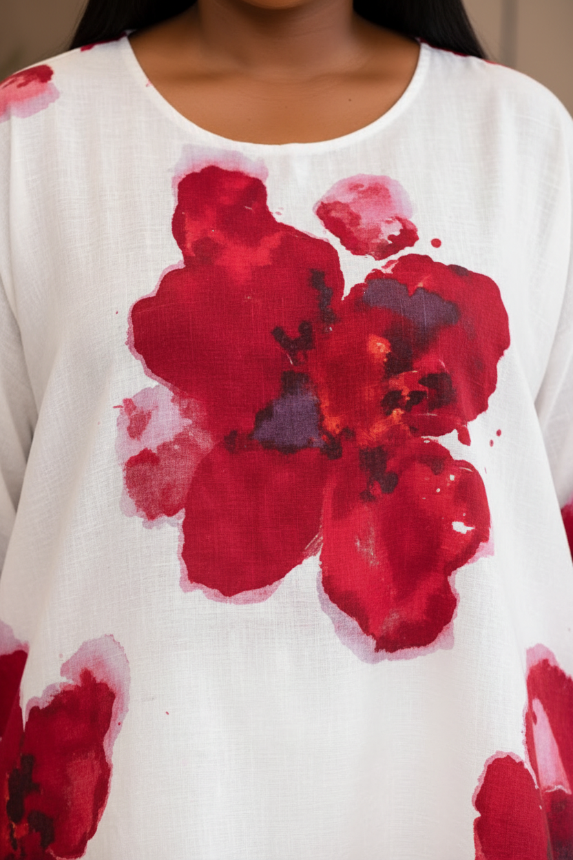 White Floral Tunic Set - Detail