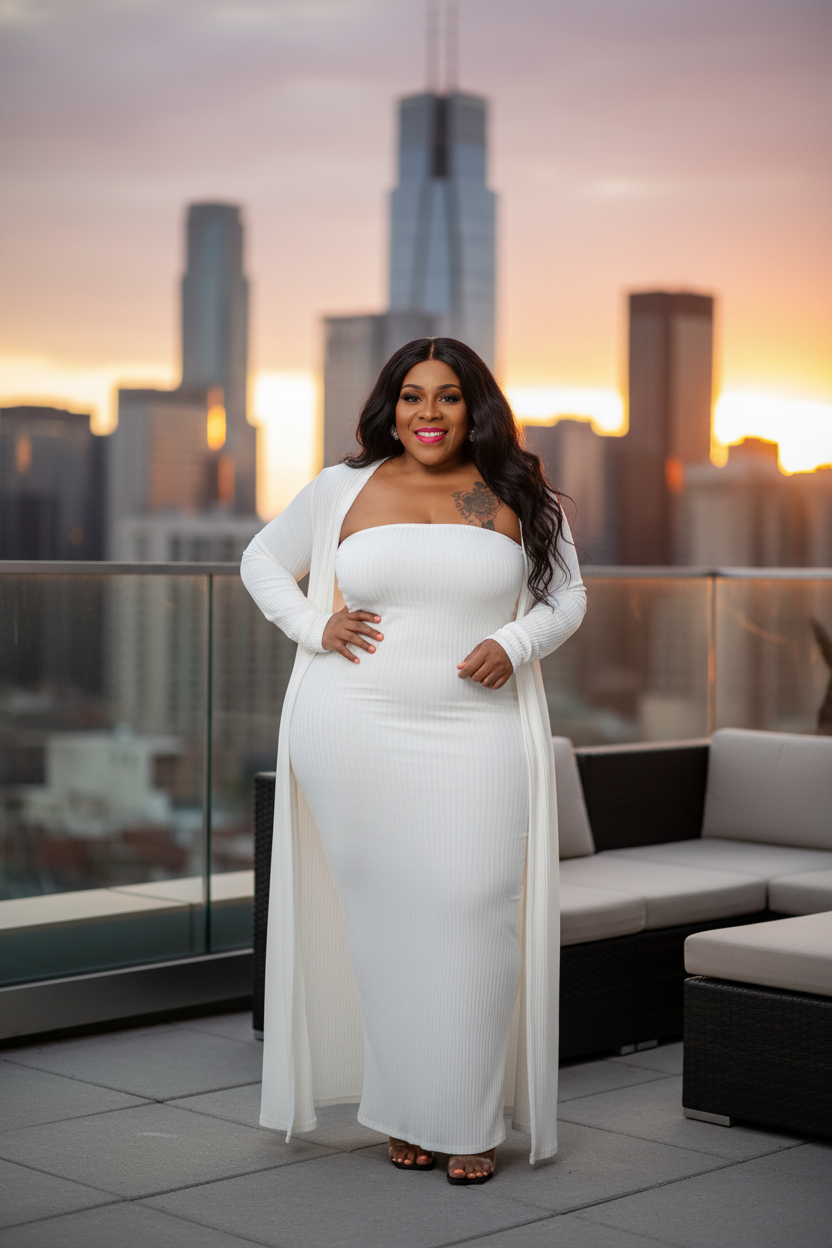 White Ribbed Tube Dress & Cardigan Set