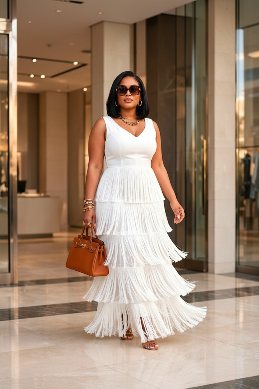 White Tiered Fringe Maxi Dress